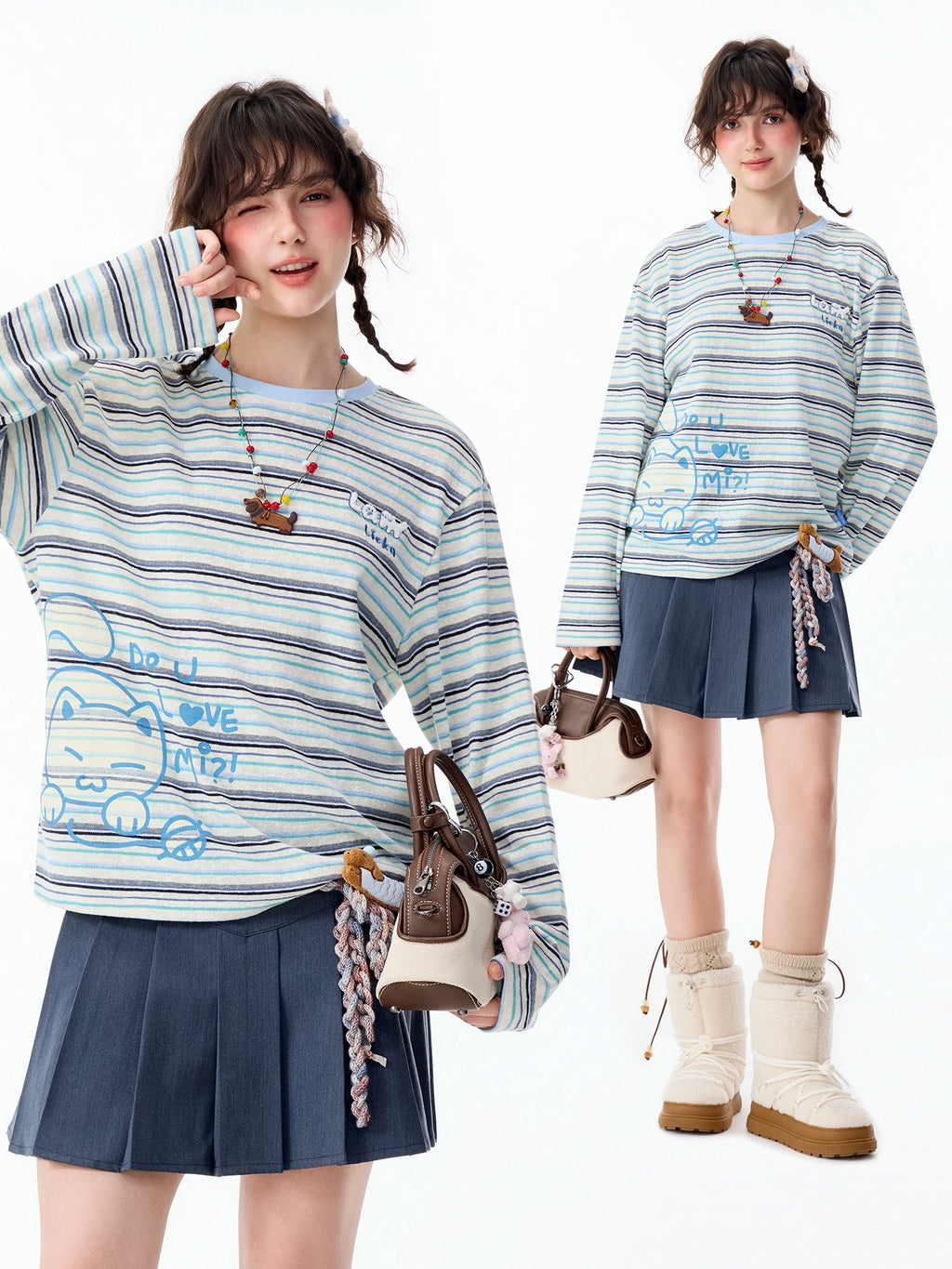 Lamlicka Vintage Stripe Cat Graphic Long Sleeve Cotton Tee - Tops - LAMLICKA