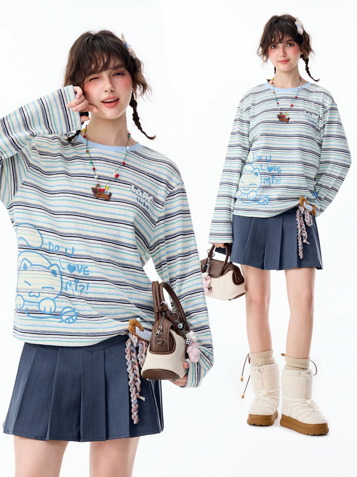 Lamlicka Vintage Stripe Cat Graphic Long Sleeve Cotton Tee - Tops - LAMLICKA