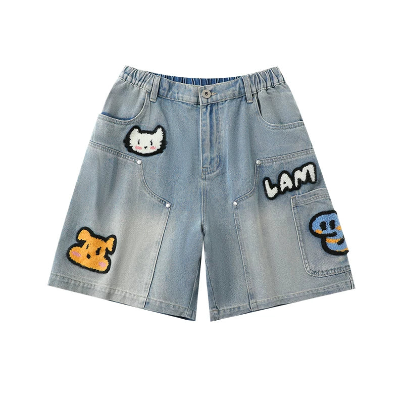 LAMLICKA sticker embroidered lumberjack denim shorts - LAMLICKA - blue - 2XL fits 175 - 100kg - 5945541790236