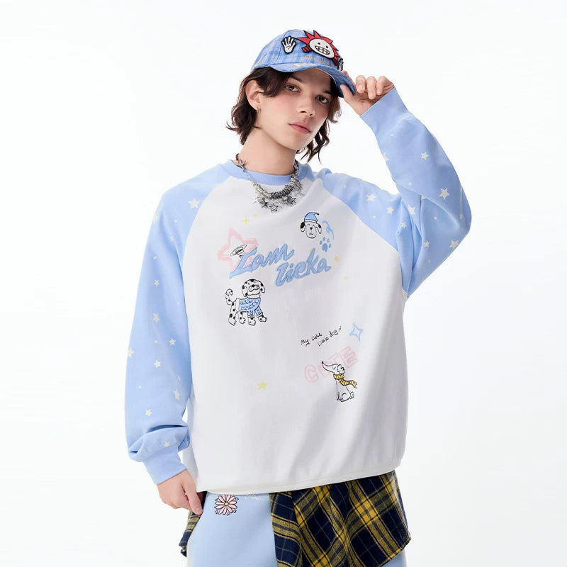 Lamlicka Star Raglan Dog Graphic Long Sleeve Sweatshirt Unisex Relaxed - Hoodies & Sweatshirts - LAMLICKA - Blue - 2XL