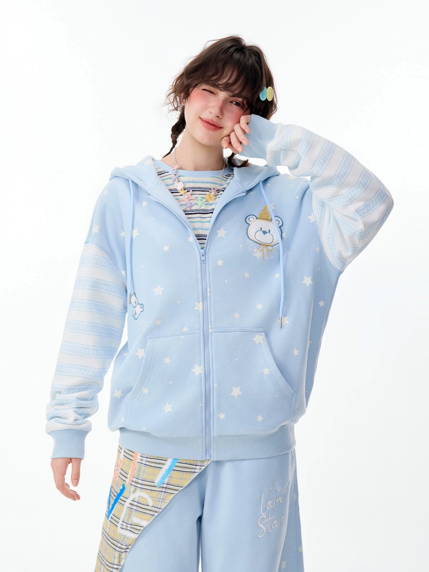 Lamlicka All - Over Star Print Bear Zip - Up Hoodie Unisex Oversized - Hoodies & Sweatshirts - LAMLICKA