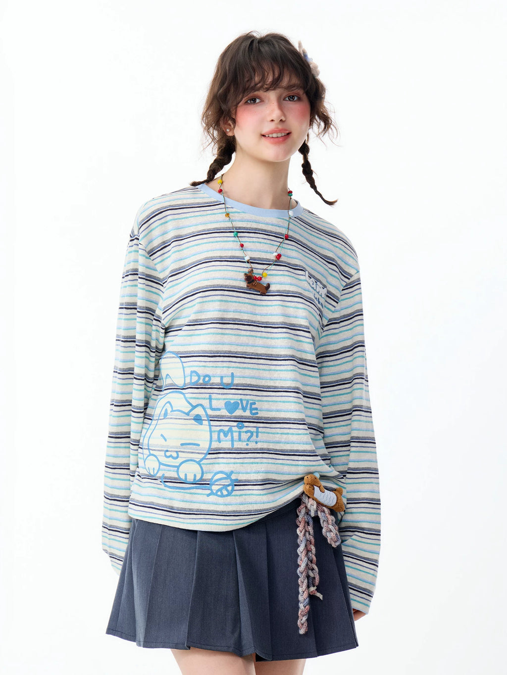 Lamlicka Vintage Stripe Cat Graphic Long Sleeve Cotton Tee - Tops - LAMLICKA