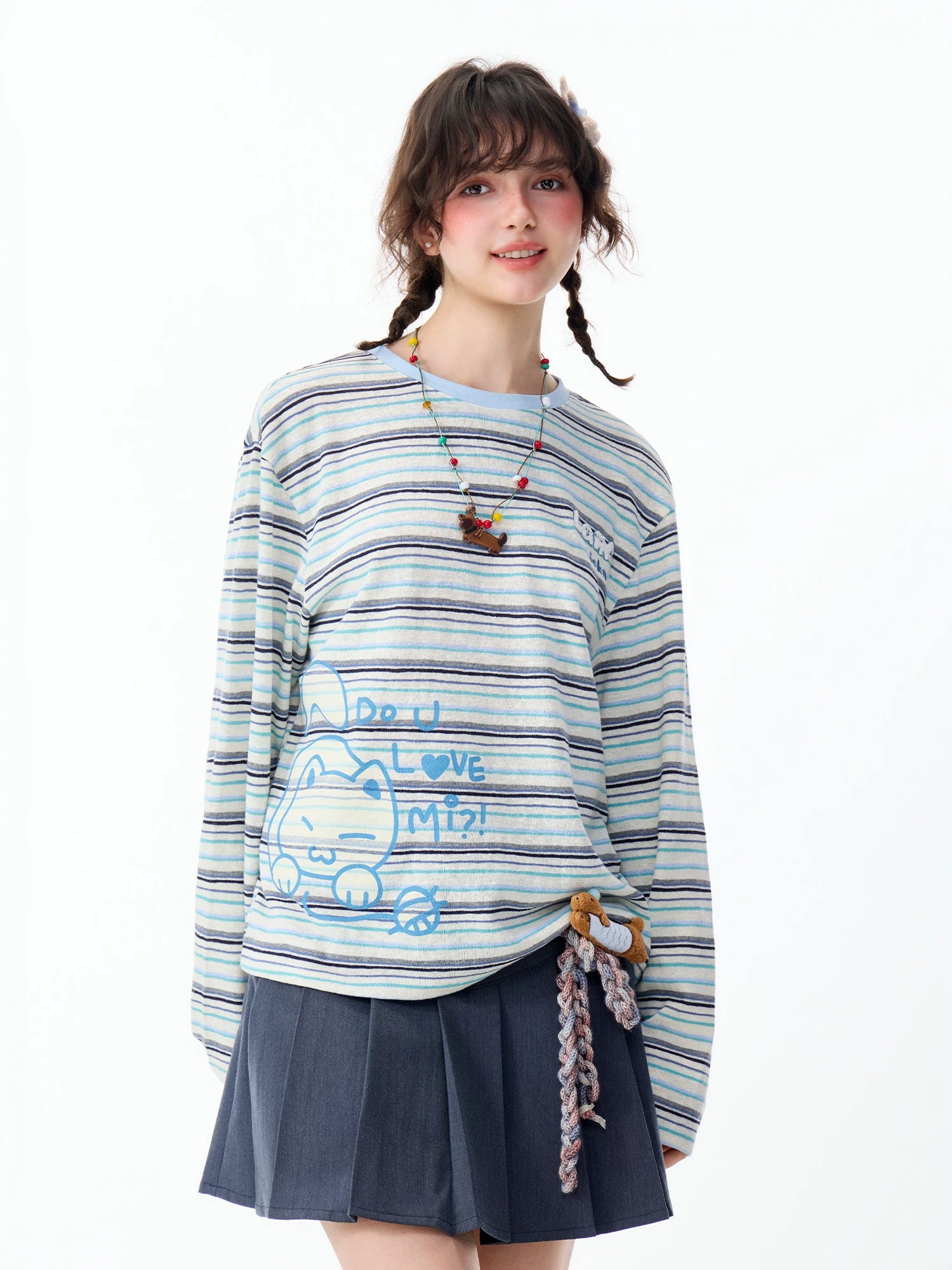 Lamlicka Vintage Stripe Cat Graphic Long Sleeve Cotton Tee - Tops - LAMLICKA