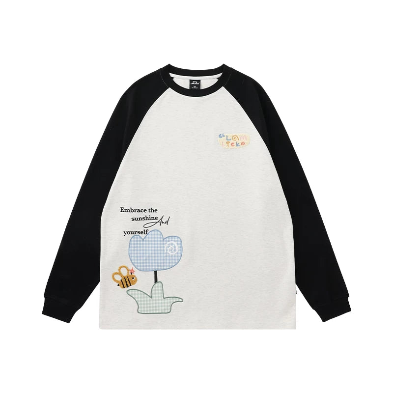 Lamlicka Floral Bee Embroidery Raglan Long Sleeve Tee Unisex Relaxed - Tops - LAMLICKA - White - 2XL