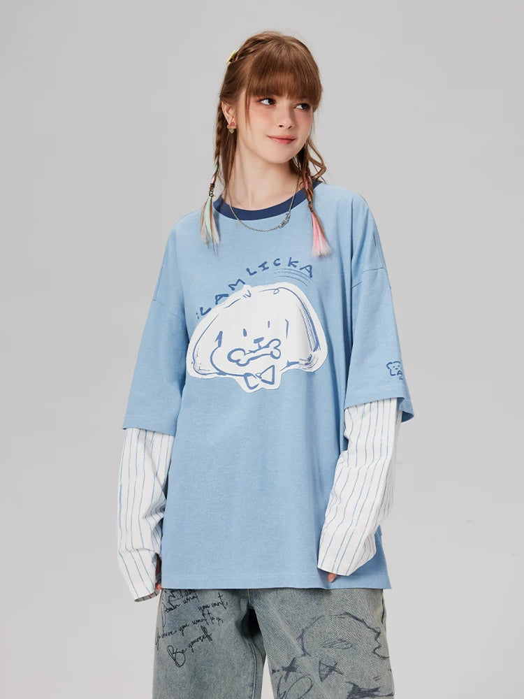 LAMLICKA Faux Two-Piece Long Sleeve T-Shirt