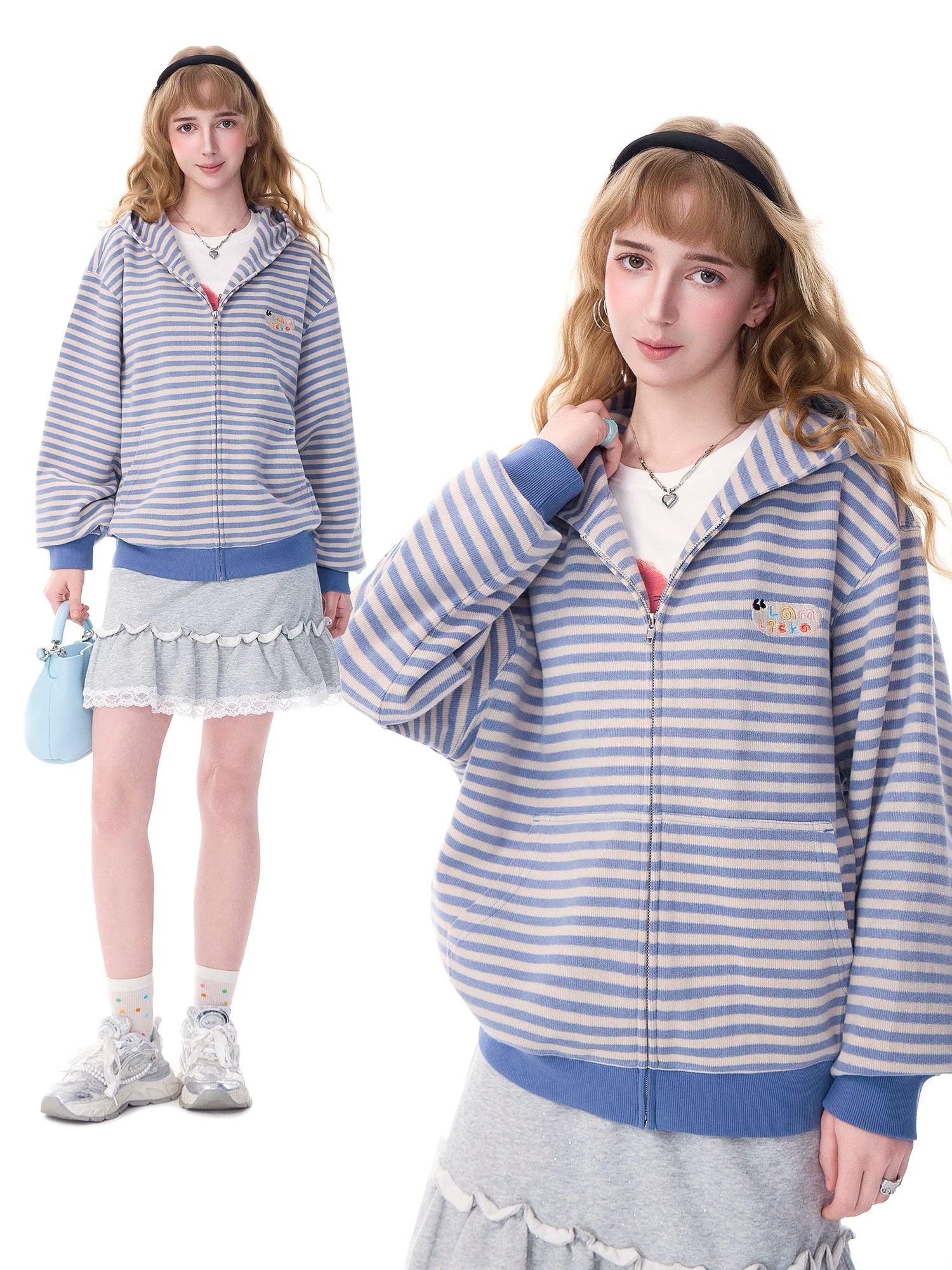 Lamlicka blue and white striped american retro zip - up hoodie - women's spring/autumn loose casual cardigan jacket - men's - LAMLICKA