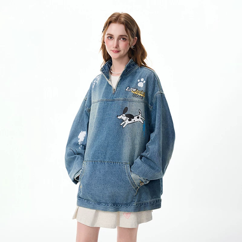 LAMLICKA Hand - Painted Blue Half - Zip Denim Jacket - Vintage Style for Men - LAMLICKA - 蓝色 - 2XL 适合175 - 200斤 - 6282604478191