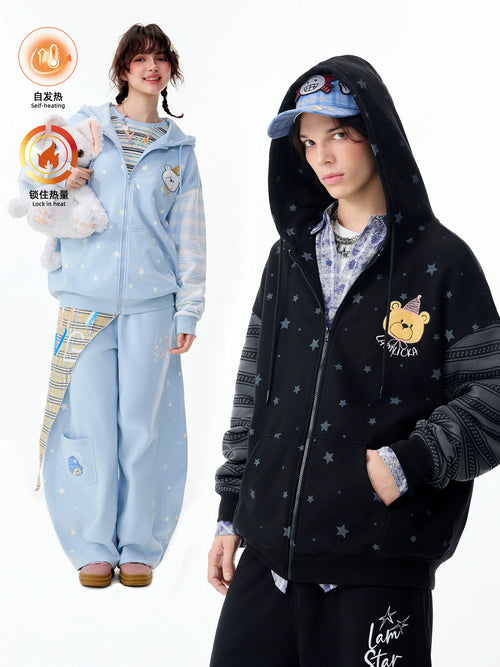 Lamlicka All - Over Star Print Bear Zip - Up Hoodie Unisex Oversized - Hoodies & Sweatshirts - LAMLICKA