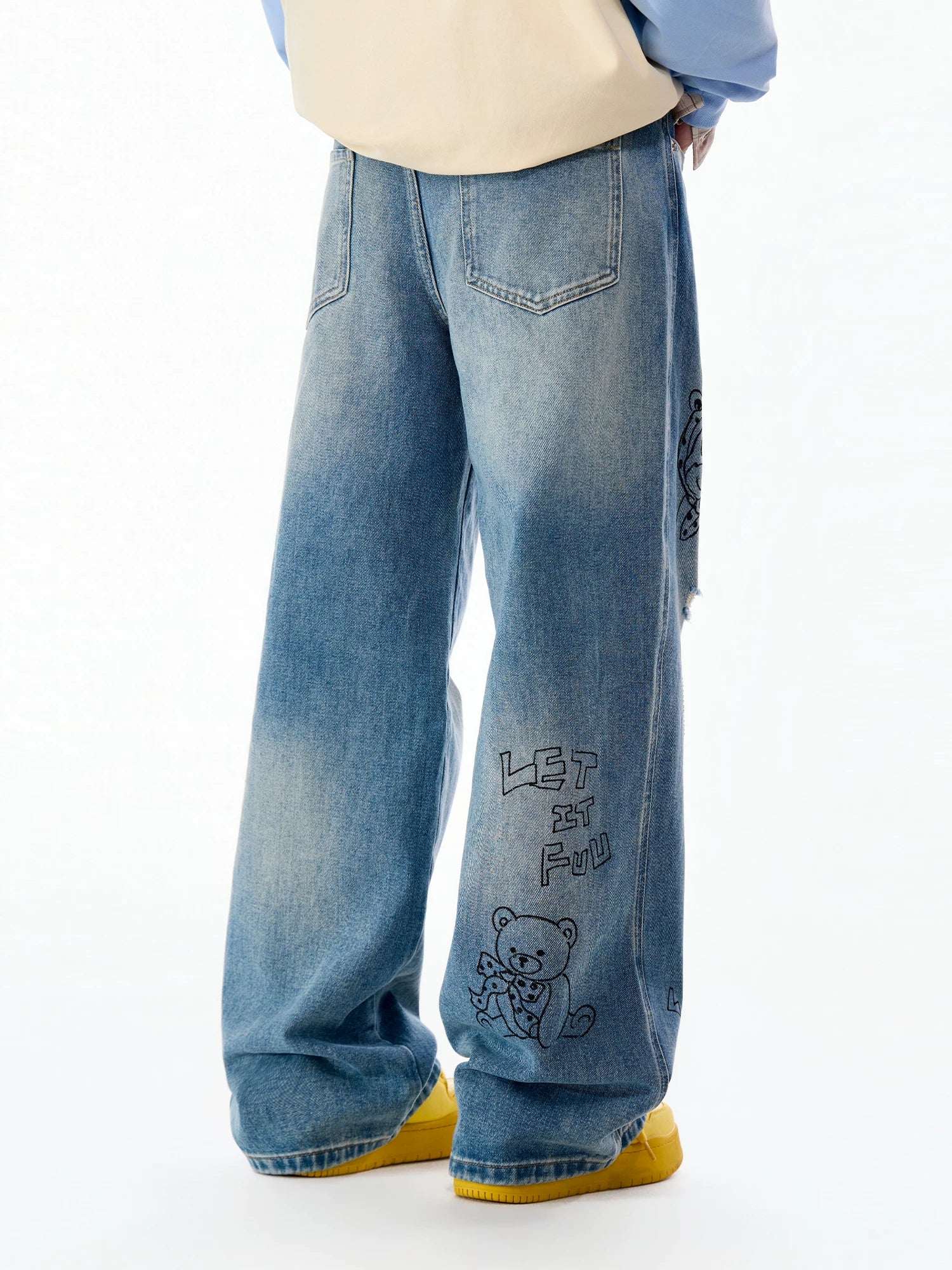 LAMLICKA Graffiti Washed Blue Straight - Leg Jeans Unisex Relaxed Fit Vintage American Style Denim Pants - LAMLICKA