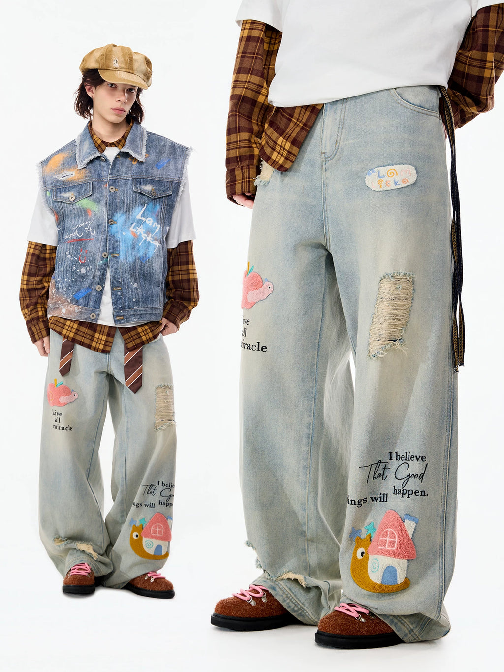 LAMLICKA Blue Embroidered Distressed Straight - Leg Jeans Unisex Relaxed Fit American Style Denim Pants - LAMLICKA