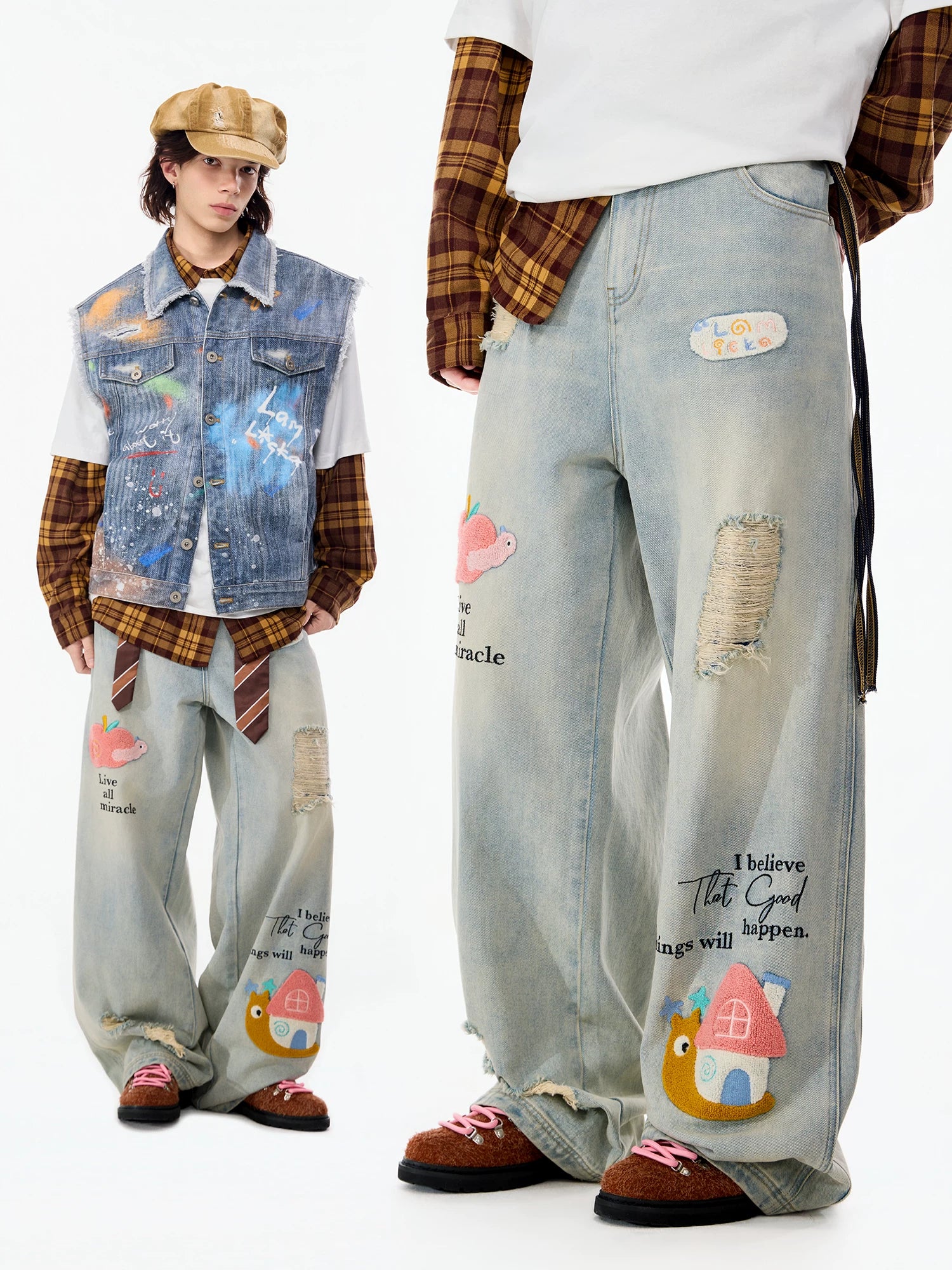 LAMLICKA Blue Embroidered Distressed Straight - Leg Jeans Unisex Relaxed Fit American Style Denim Pants - LAMLICKA