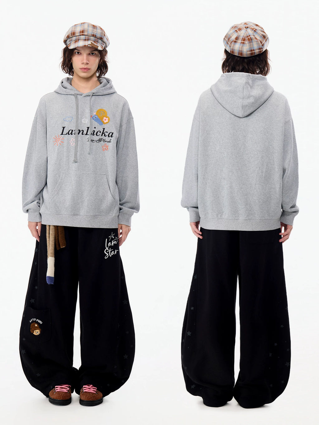 LAMLICKA American Style Embroidered Letter Hoodie – Heavyweight Oversized Streetwear Sweatshirt for Men & Women, Grey - LAMLICKA