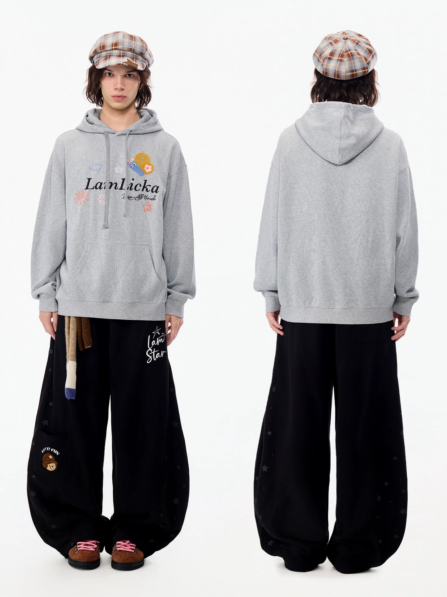 LAMLICKA American Style Embroidered Letter Hoodie – Heavyweight Oversized Streetwear Sweatshirt for Men & Women, Grey - LAMLICKA