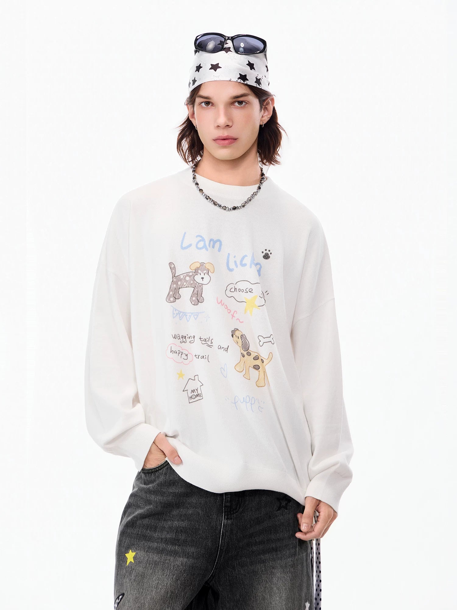 LAMLICKA white dog graphic crewneck knit sweater, product image 2