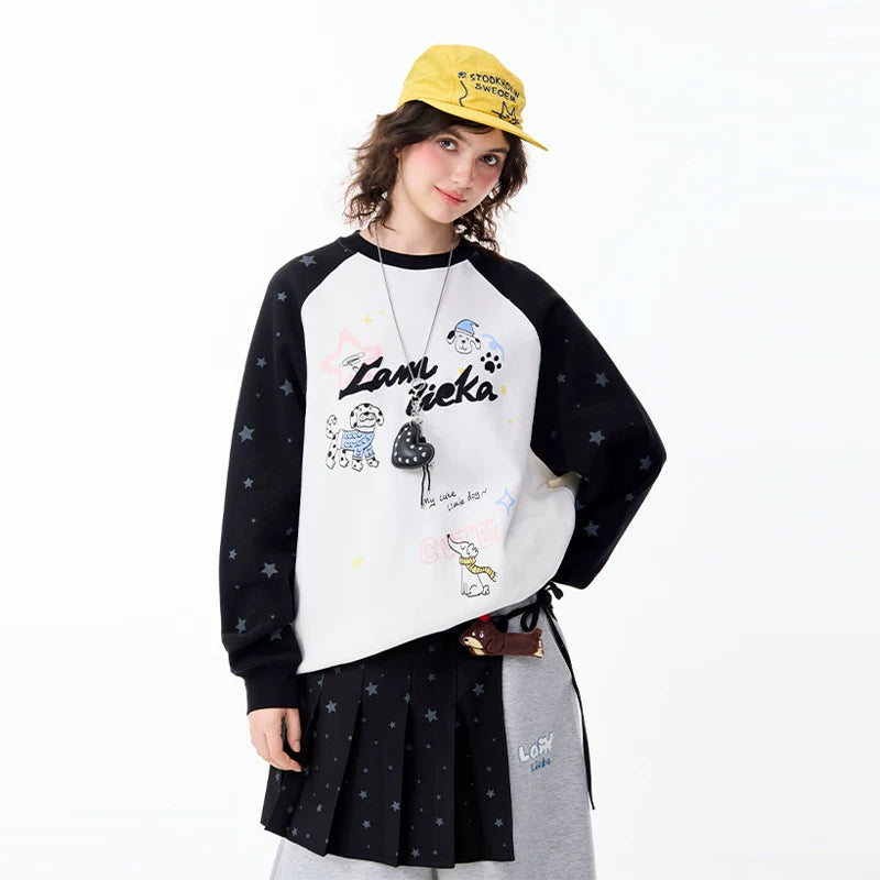 Lamlicka Star Raglan Dog Graphic Long Sleeve Sweatshirt Unisex Relaxed - Hoodies & Sweatshirts - LAMLICKA - Black - 2XL