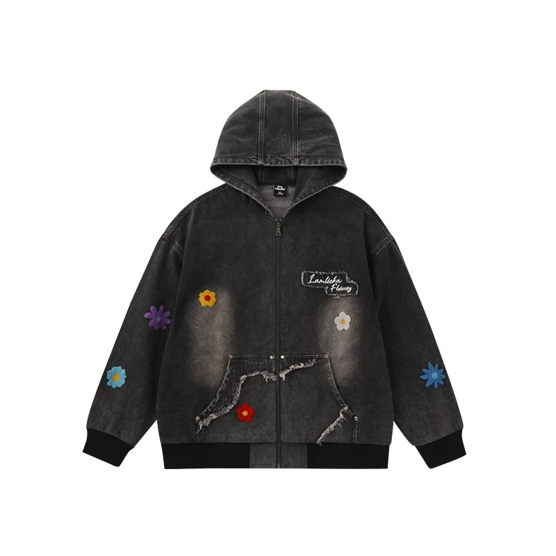 Lamlicka Colorful Flower Embroidery Washed Denim Hooded Jacket Oversized - Jackets & Coats - LAMLICKA - Black - 2XL