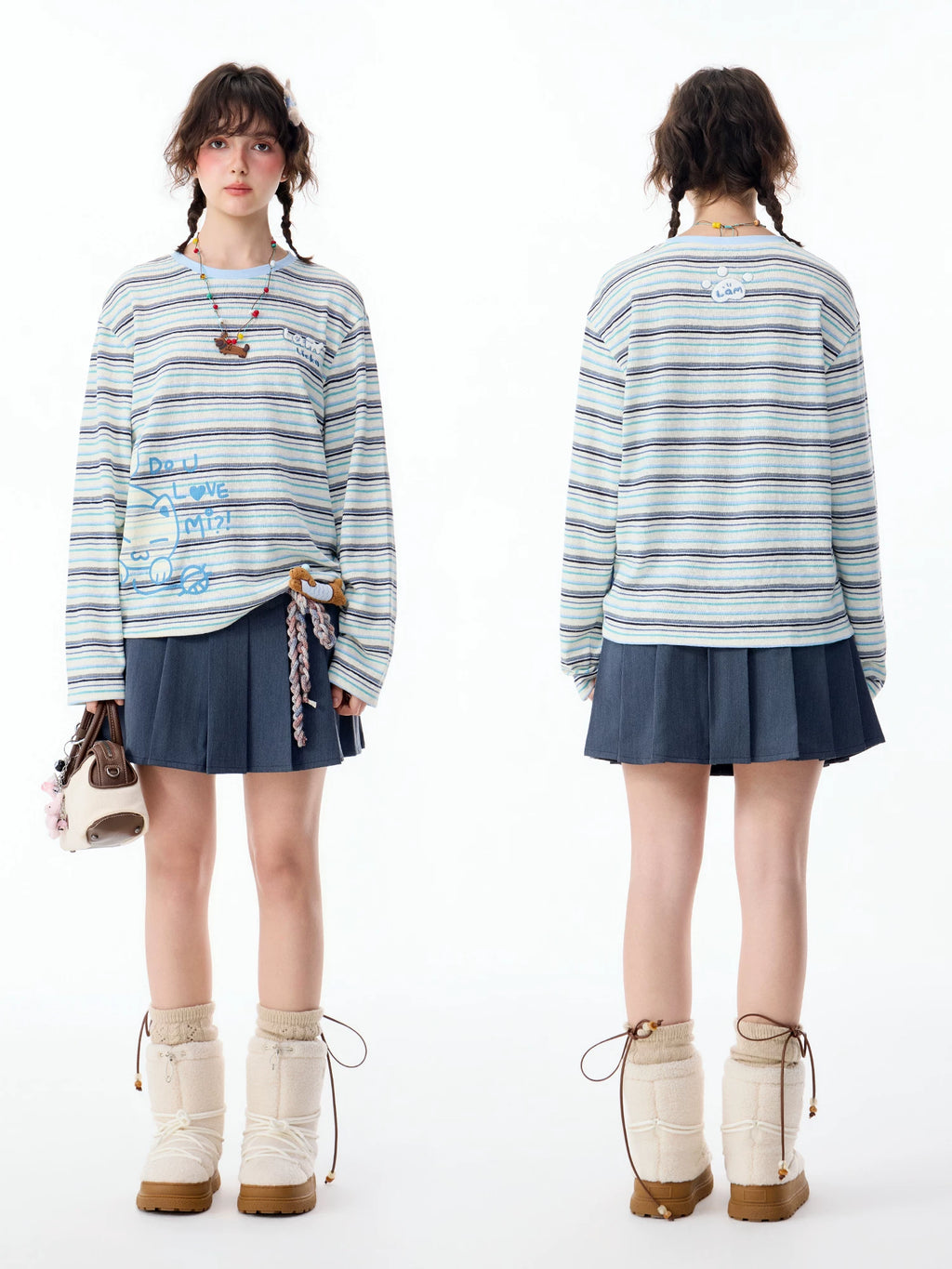 Lamlicka Vintage Stripe Cat Graphic Long Sleeve Cotton Tee - Tops - LAMLICKA