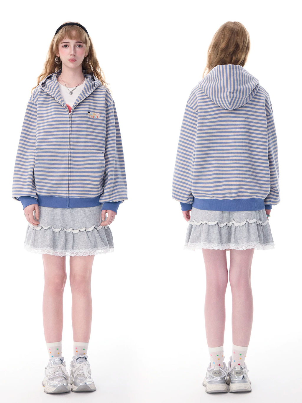 Lamlicka blue and white striped american retro zip - up hoodie - women's spring/autumn loose casual cardigan jacket - men's - LAMLICKA