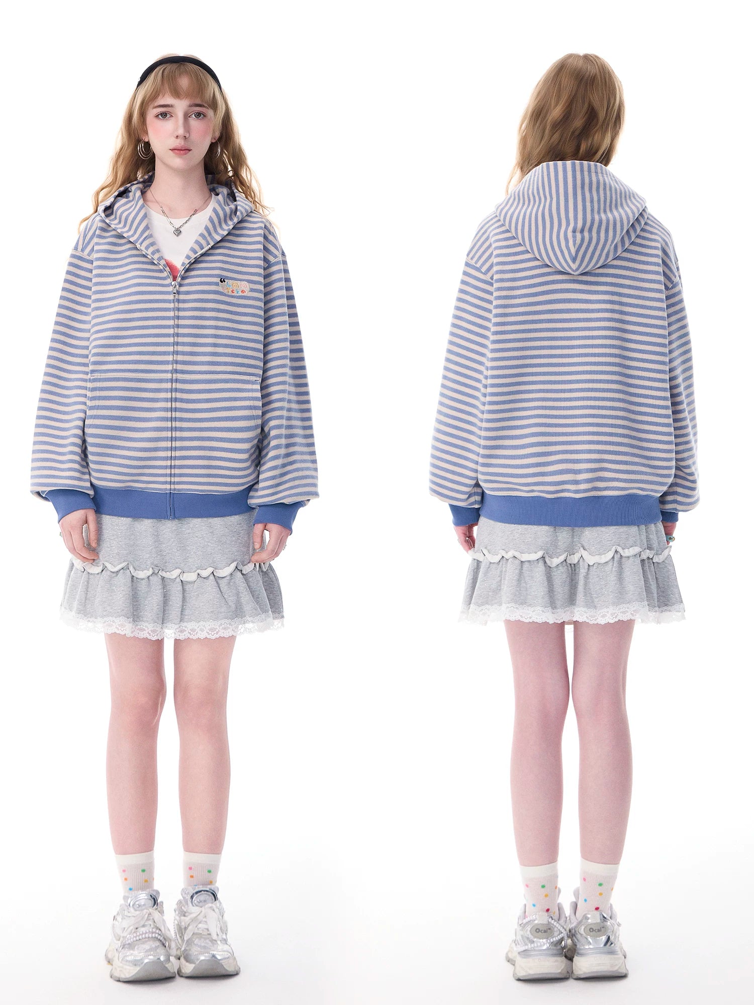 Lamlicka blue and white striped american retro zip - up hoodie - women's spring/autumn loose casual cardigan jacket - men's - LAMLICKA