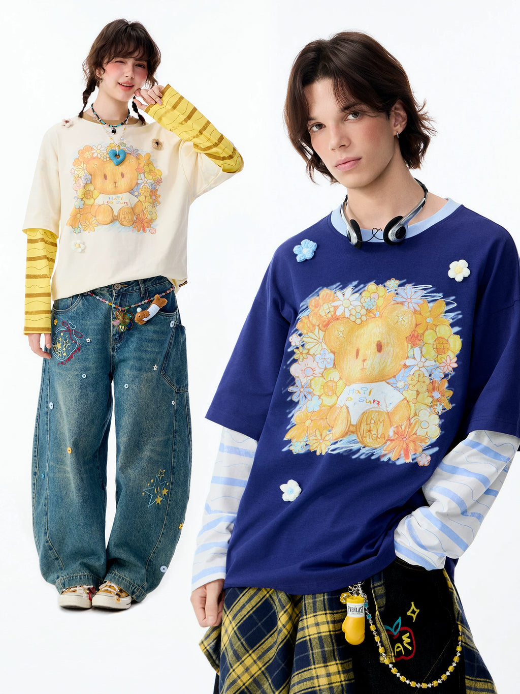 Lamlicka Bear Color Block Faux Two - Piece Cotton Long Sleeve Tee - LAMLICKA