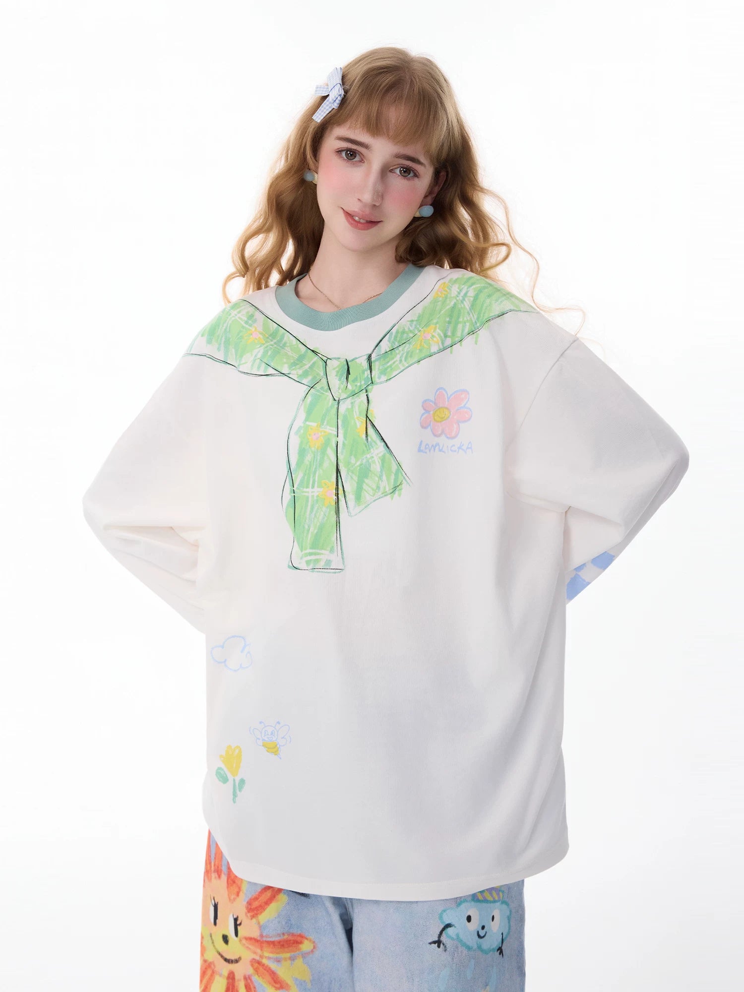 LAMLICKA scarf printed contrasting color trendy brand long - sleeved t - shirt - LAMLICKA