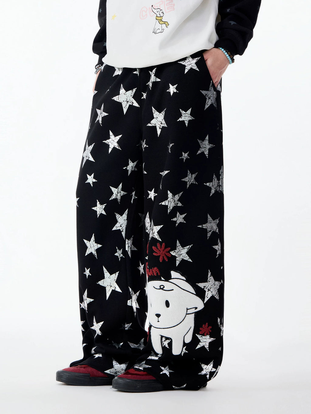 Lamlicka All - Over Star Print Wide - Leg Casual Pants with Dog Graphic - Pants - LAMLICKA