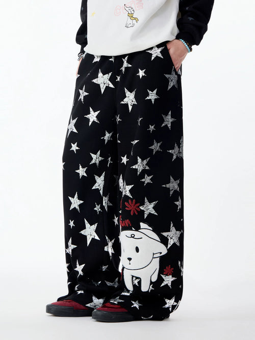 Lamlicka All - Over Star Print Wide - Leg Casual Pants with Dog Graphic - Pants - LAMLICKA
