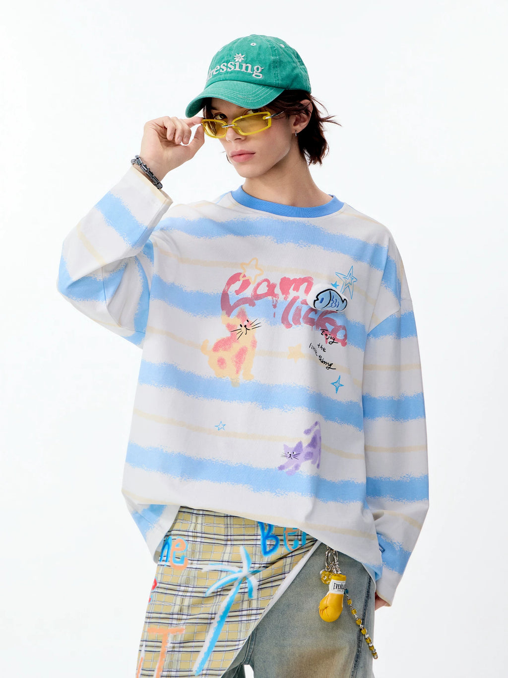 LAMLICKA Creative Cat Color Block Blue Stripe Long Sleeve T - Shirt Unisex Relaxed Fit Cotton Crew Neck Tee - LAMLICKA