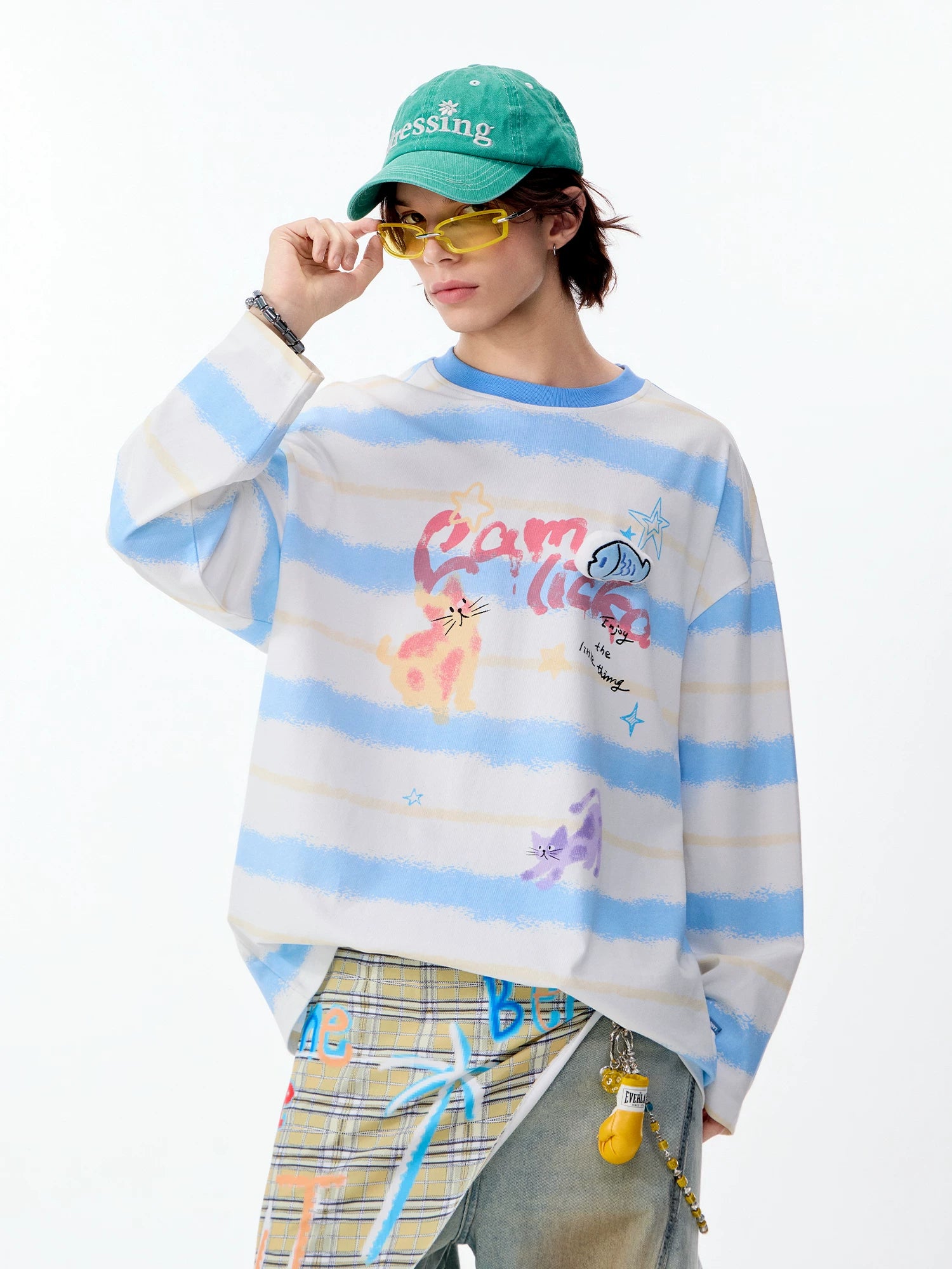 LAMLICKA Creative Cat Color Block Blue Stripe Long Sleeve T - Shirt Unisex Relaxed Fit Cotton Crew Neck Tee - LAMLICKA