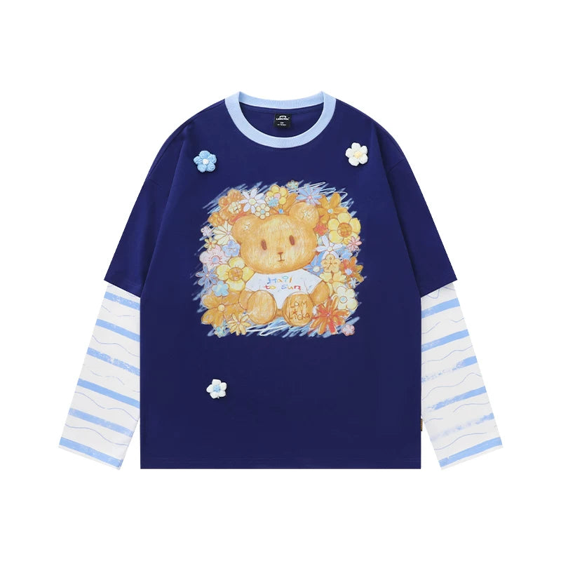 Lamlicka Bear Color Block Faux Two - Piece Cotton Long Sleeve Tee - LAMLICKA - Navy - 2XL