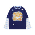 Lamlicka Bear Color Block Faux Two - Piece Cotton Long Sleeve Tee - LAMLICKA - Navy - 2XL