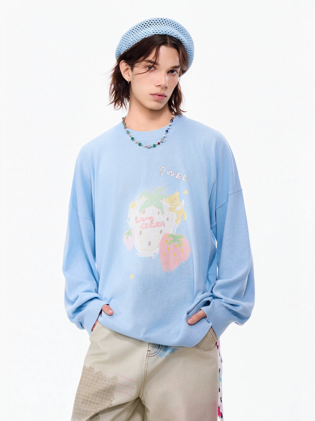 LAMLICKA blue hand-drawn strawberry knit sweater, product image 2