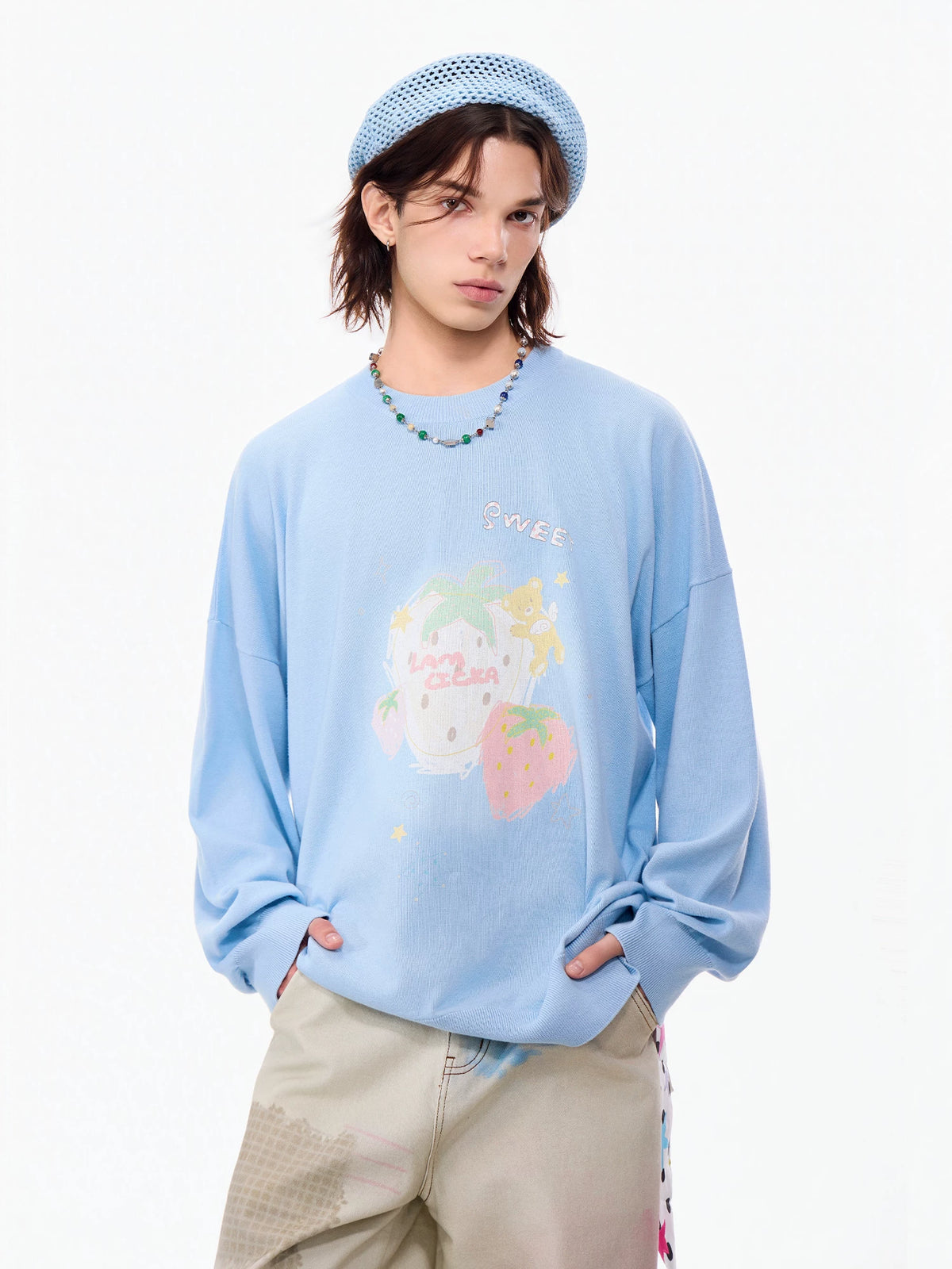 LAMLICKA blue hand-drawn strawberry knit sweater, product image 2