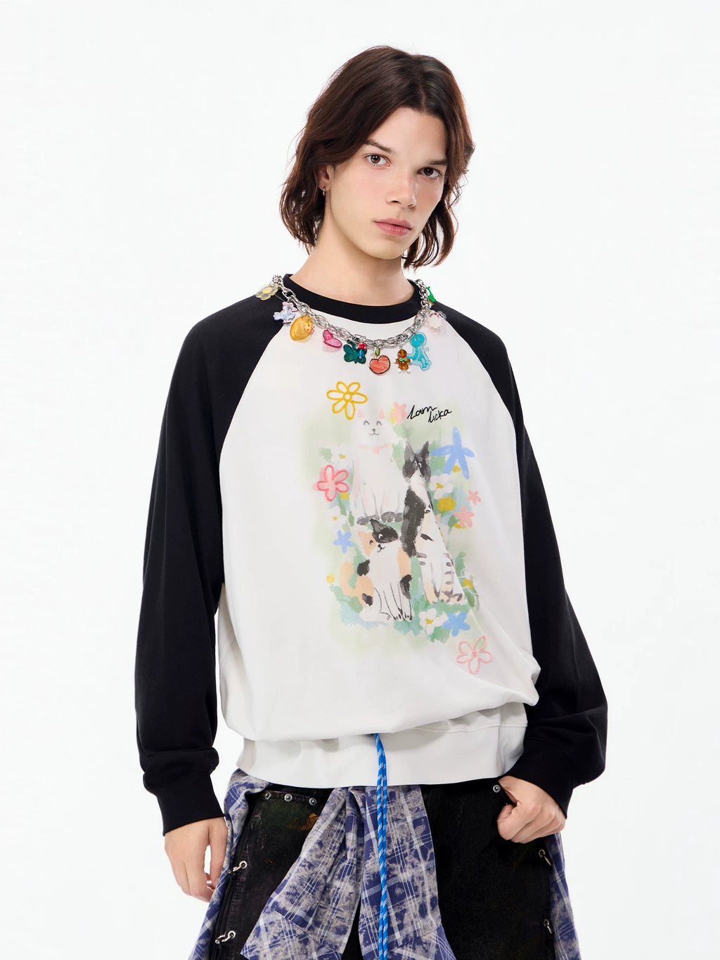 Lamlicka Cool Cat Print White Cotton Crew Neck Long Sleeve Sweatshirt for Men - Perfect for Fall Fashion - LAMLICKA