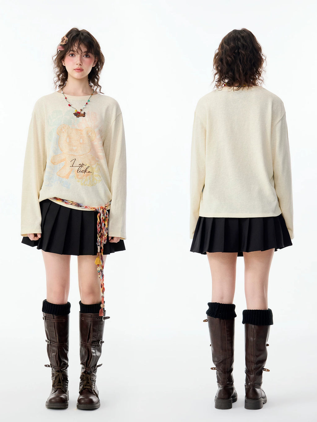 Lamlicka Bear Print Cotton Linen Sheer Overlay Long Sleeve Top - Tops - LAMLICKA