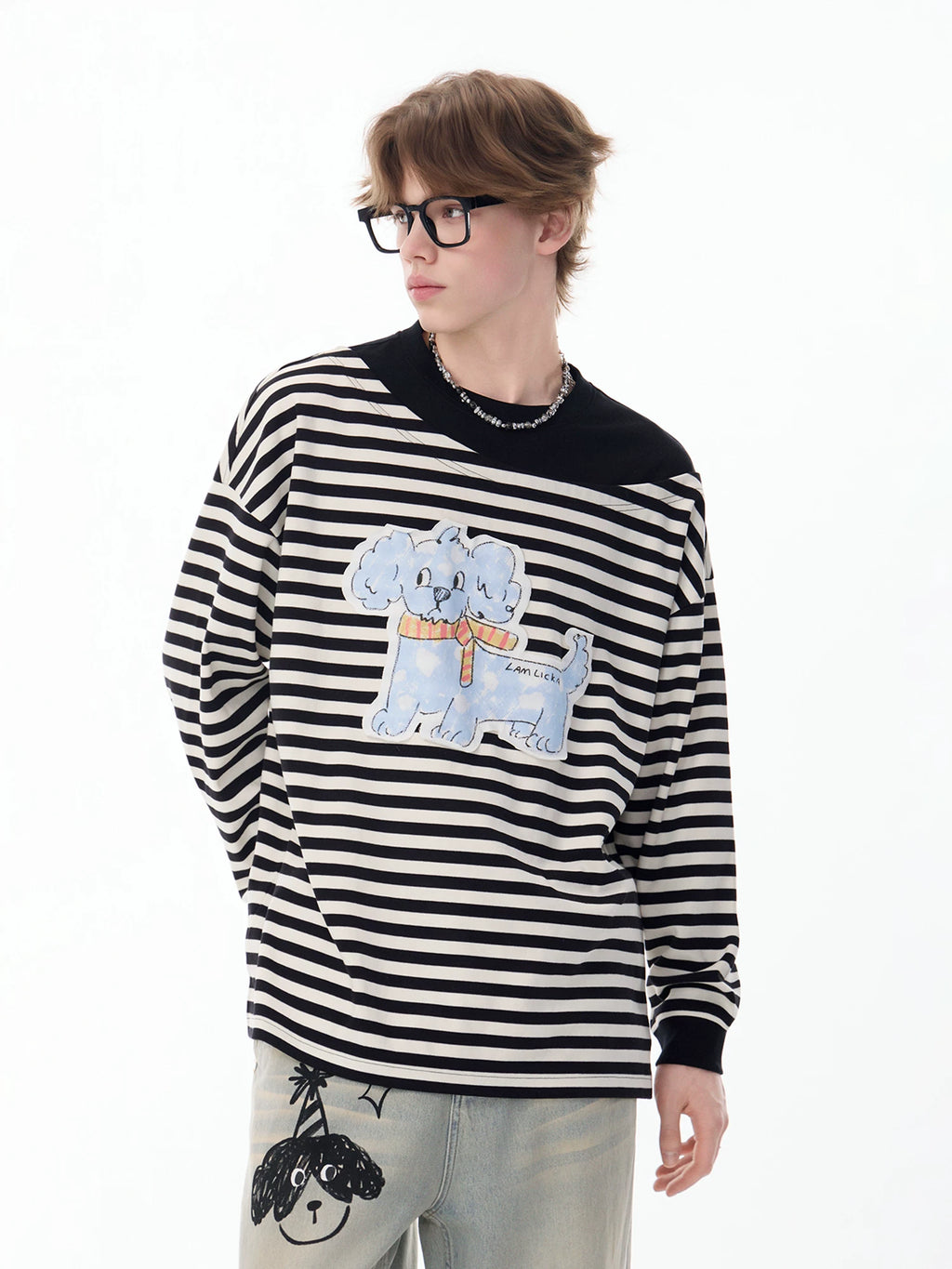 Lamlicka puppy black and white striped pullover crewneck sweatshirt - men's spring/autumn design, color block, loose fit, long sleeve top - LAMLICKA