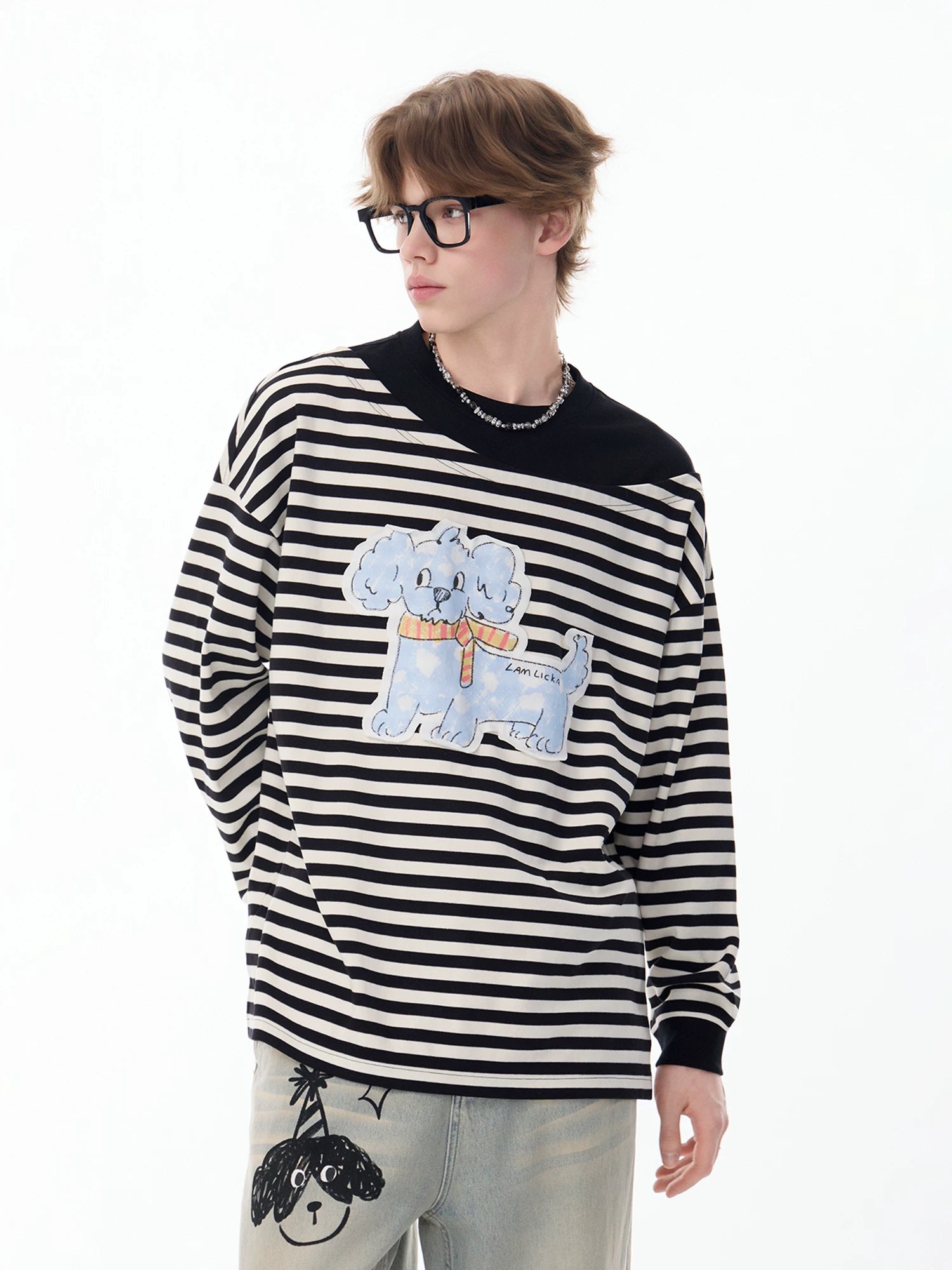 Lamlicka puppy black and white striped pullover crewneck sweatshirt - men's spring/autumn design, color block, loose fit, long sleeve top - LAMLICKA