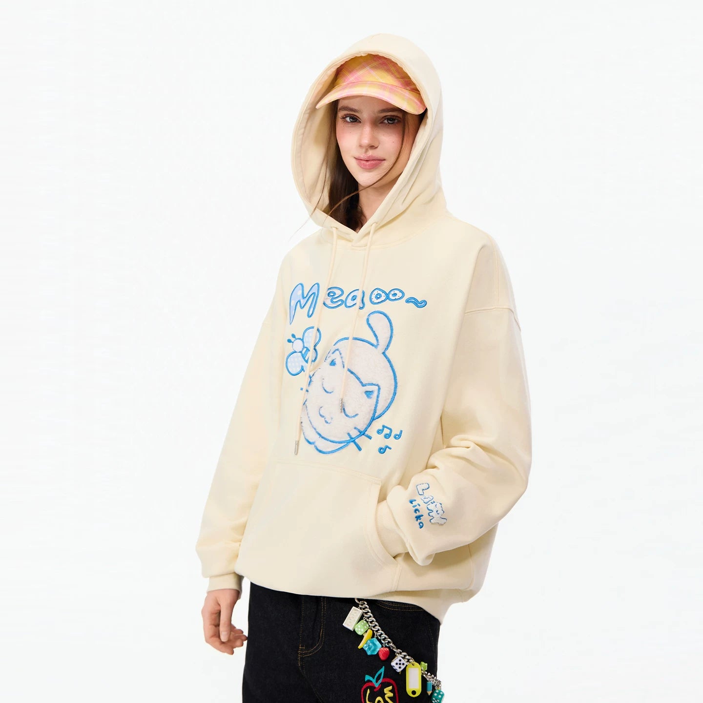 LAMLICKA Embroidered Cat Heavyweight Hoodie Unisex Oversized Pullover Streetwear Sweatshirt - LAMLICKA - Beige - 2XL