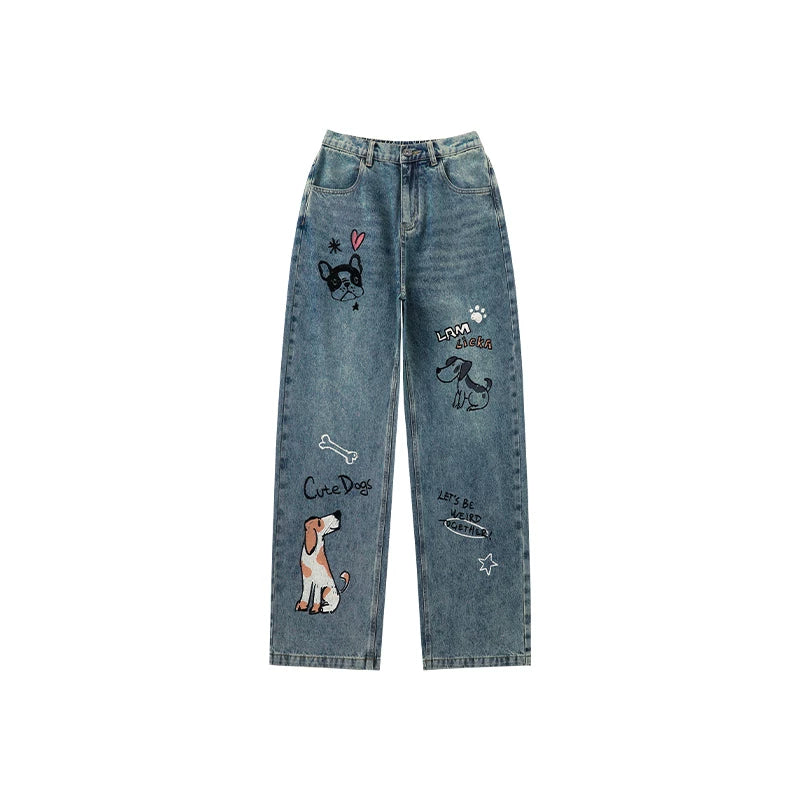Lamlicka Hand - Drawn Dog Star Blue Straight - Leg Jeans, Relaxed Fit - Denim Pants - LAMLICKA - Blue - 2XL