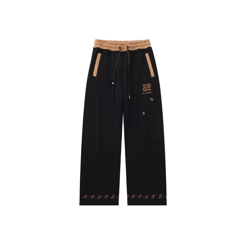 LAMLICKA Ethnic Style Black Wide - Leg Trousers – Relaxed Fit Colorblock Casual Pants for Men, Drape Straight - Cut - LAMLICKA