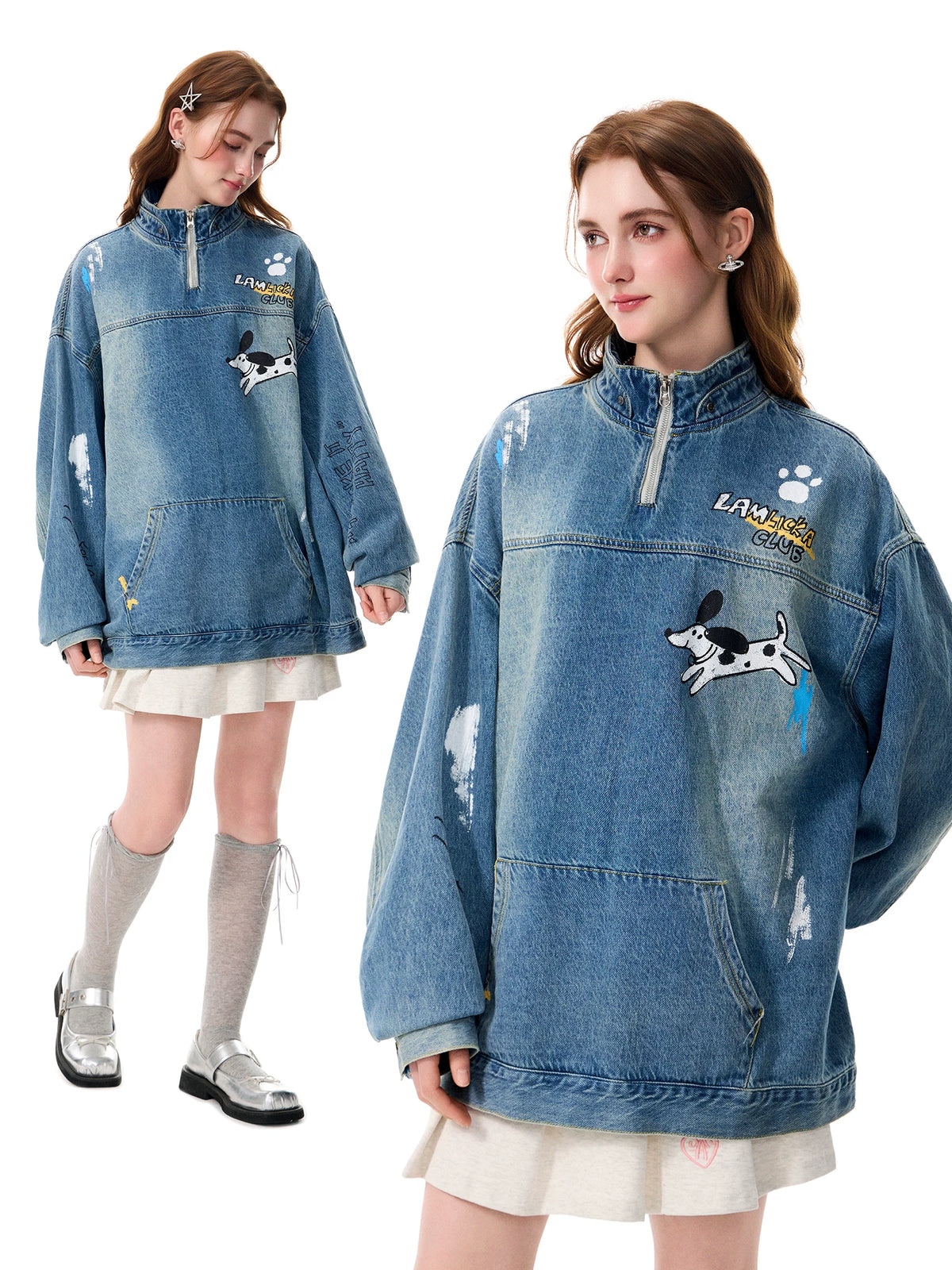 LAMLICKA Hand - Painted Blue Half - Zip Denim Jacket - Vintage Style for Men - LAMLICKA