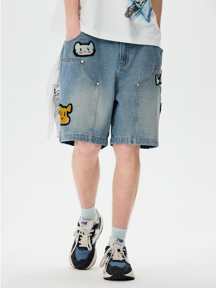 LAMLICKA sticker embroidered lumberjack denim shorts - LAMLICKA