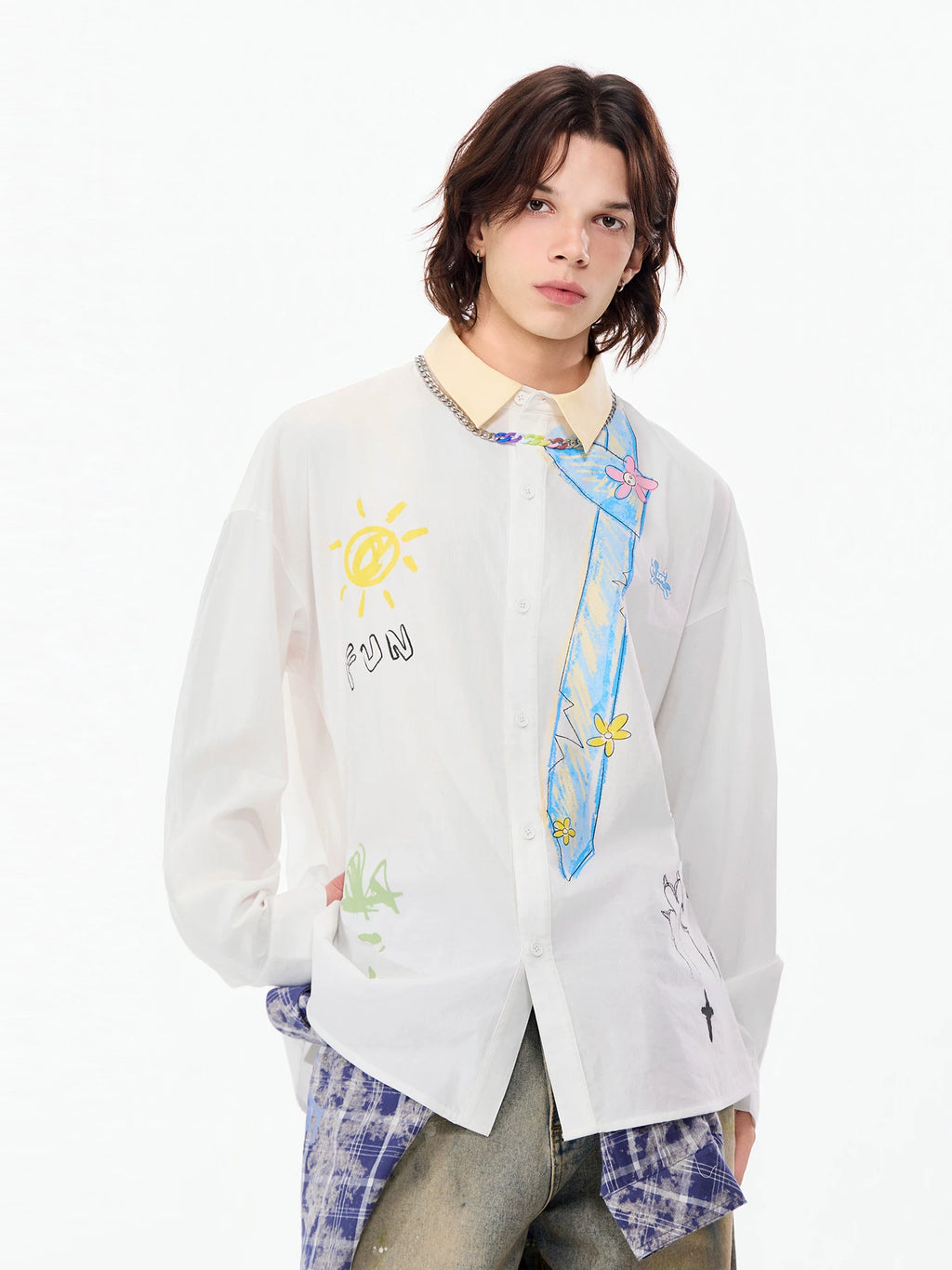LAMLICKA Tie Print White Long Sleeve Shirt Unisex Relaxed Fit Streetwear Button - Up Overshirt - LAMLICKA