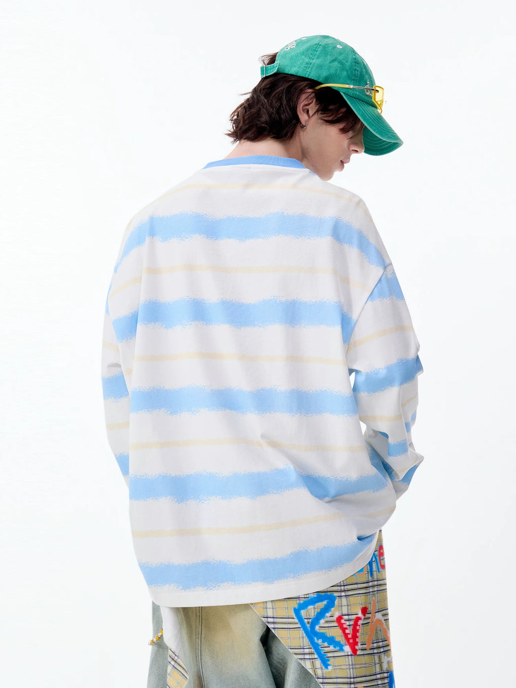 LAMLICKA Creative Cat Color Block Blue Stripe Long Sleeve T - Shirt Unisex Relaxed Fit Cotton Crew Neck Tee - LAMLICKA