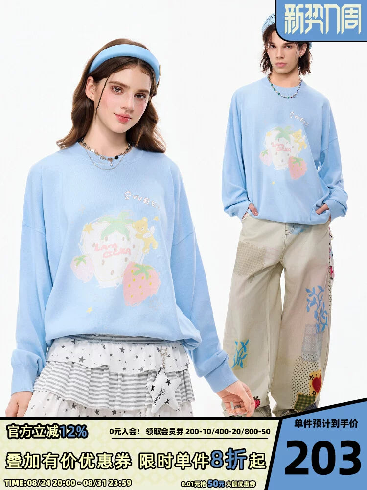 LAMLICKA blue hand-drawn strawberry knit sweater, product image 1