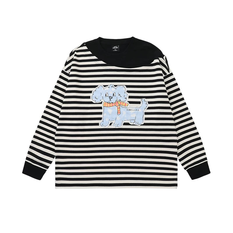 Lamlicka puppy black and white striped pullover crewneck sweatshirt - men's spring/autumn design, color block, loose fit, long sleeve top - LAMLICKA - Black and white - 2xl fits 87.5 - 100kg - 6182815946683