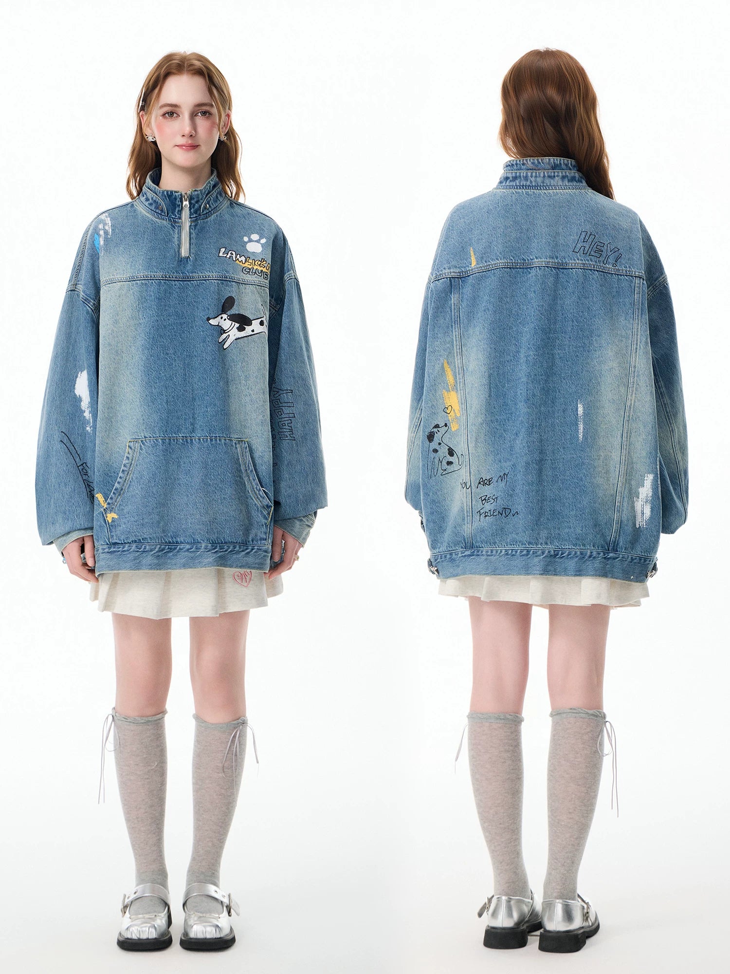 LAMLICKA Hand - Painted Blue Half - Zip Denim Jacket - Vintage Style for Men - LAMLICKA