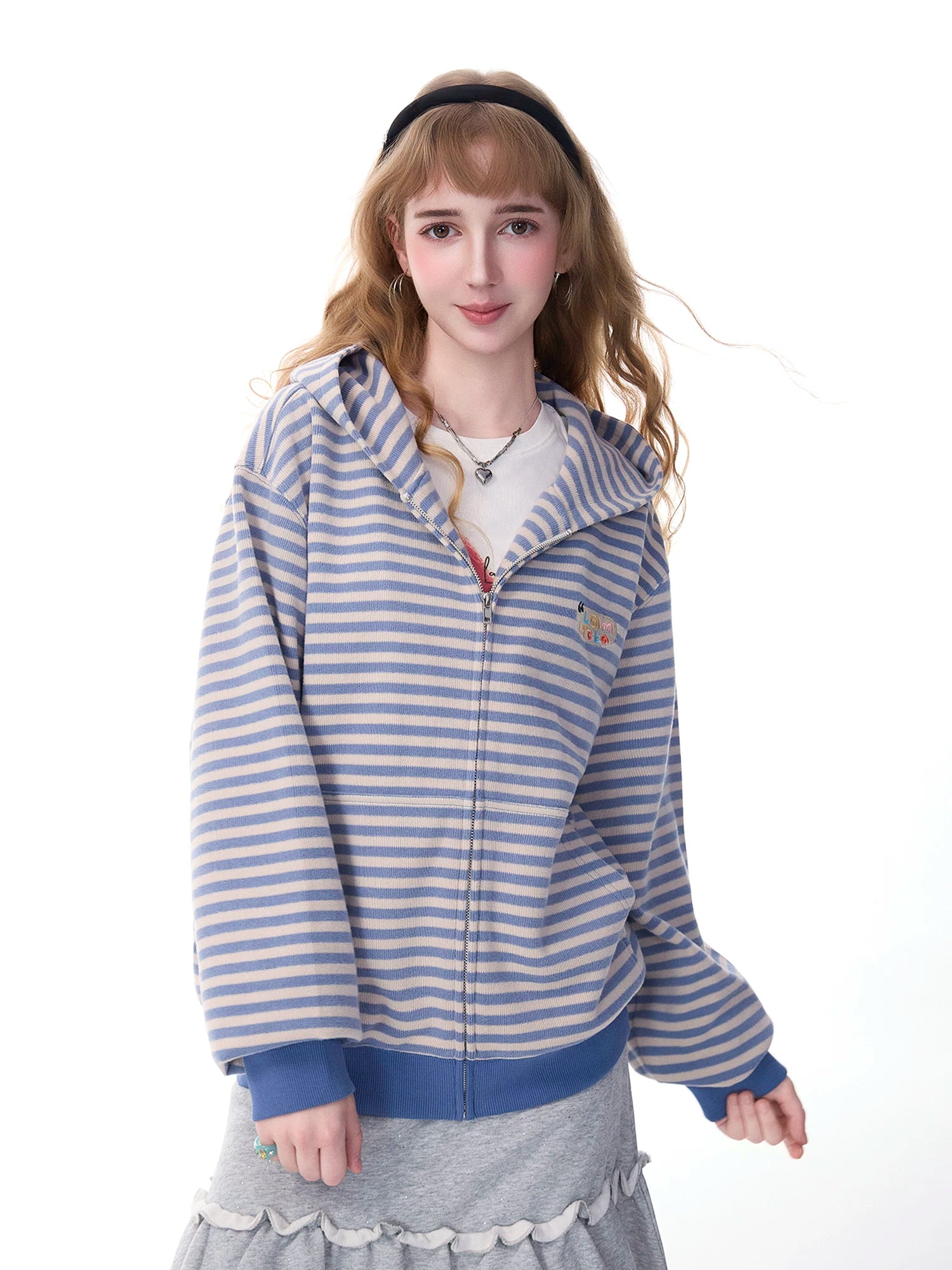 Lamlicka blue and white striped american retro zip - up hoodie - women's spring/autumn loose casual cardigan jacket - men's - LAMLICKA