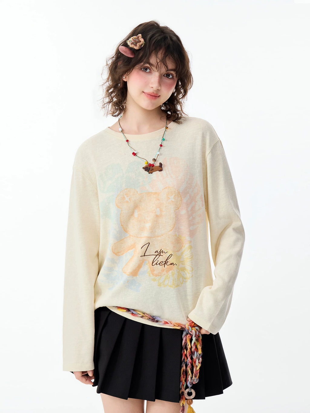 Lamlicka Bear Print Cotton Linen Sheer Overlay Long Sleeve Top - Tops - LAMLICKA