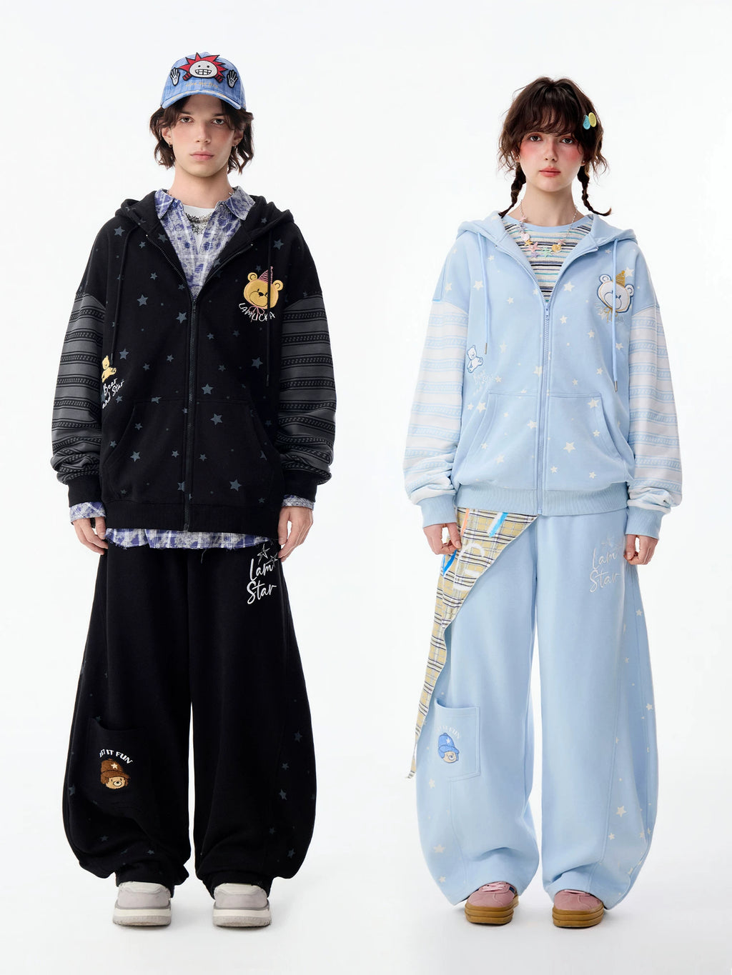Lamlicka All - Over Star Print Bear Zip - Up Hoodie Unisex Oversized - Hoodies & Sweatshirts - LAMLICKA